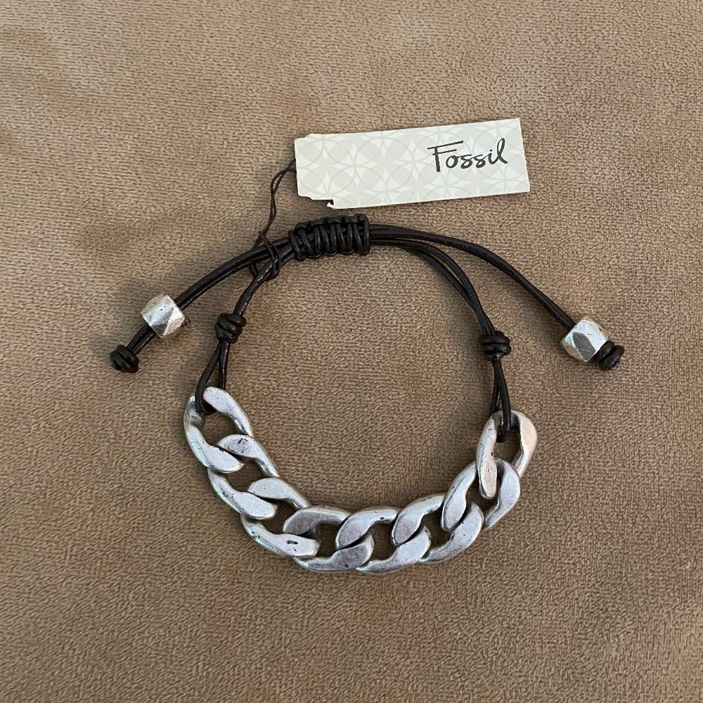 NEW-FOSSIL AGED SILVER CURB CHAIN,DARK BROWN LEATHER CORD BRACELET-JA3762040